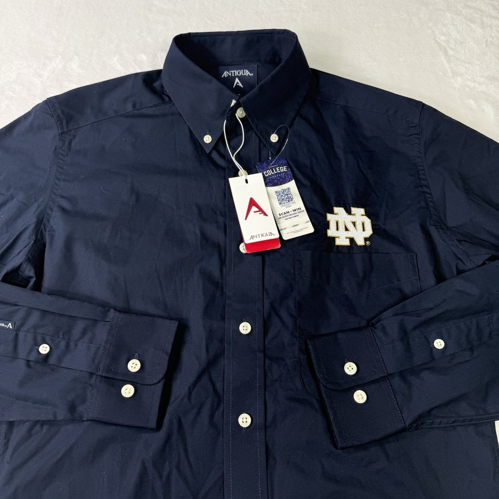 NWT Notre Dame Fighting Irish Dress Shirt Mens Small Navy Embroidered‎ Antigua
